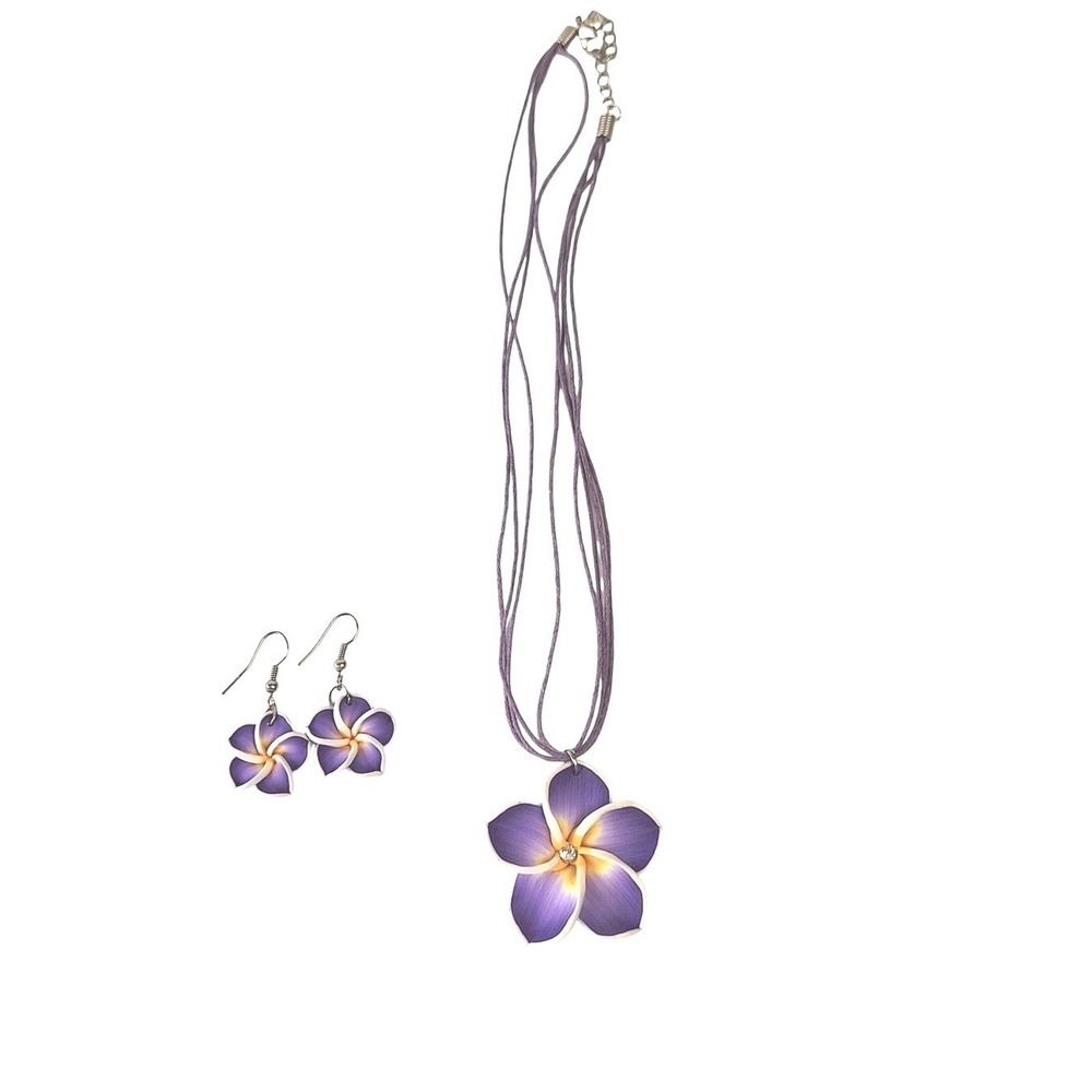 Purple‎ Plumeria Flower Jewelry Set Necklace and Earrings Tropical Clay Ceramic
